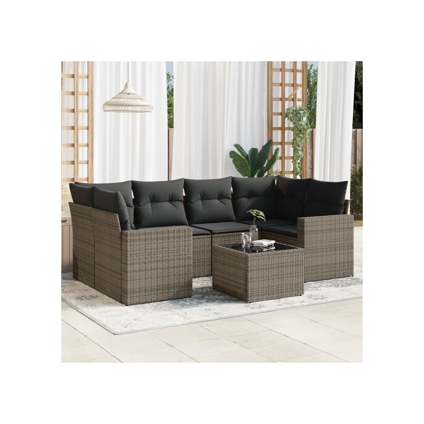 Salon de jardin avec coussins 7 pcs gris résine tressée