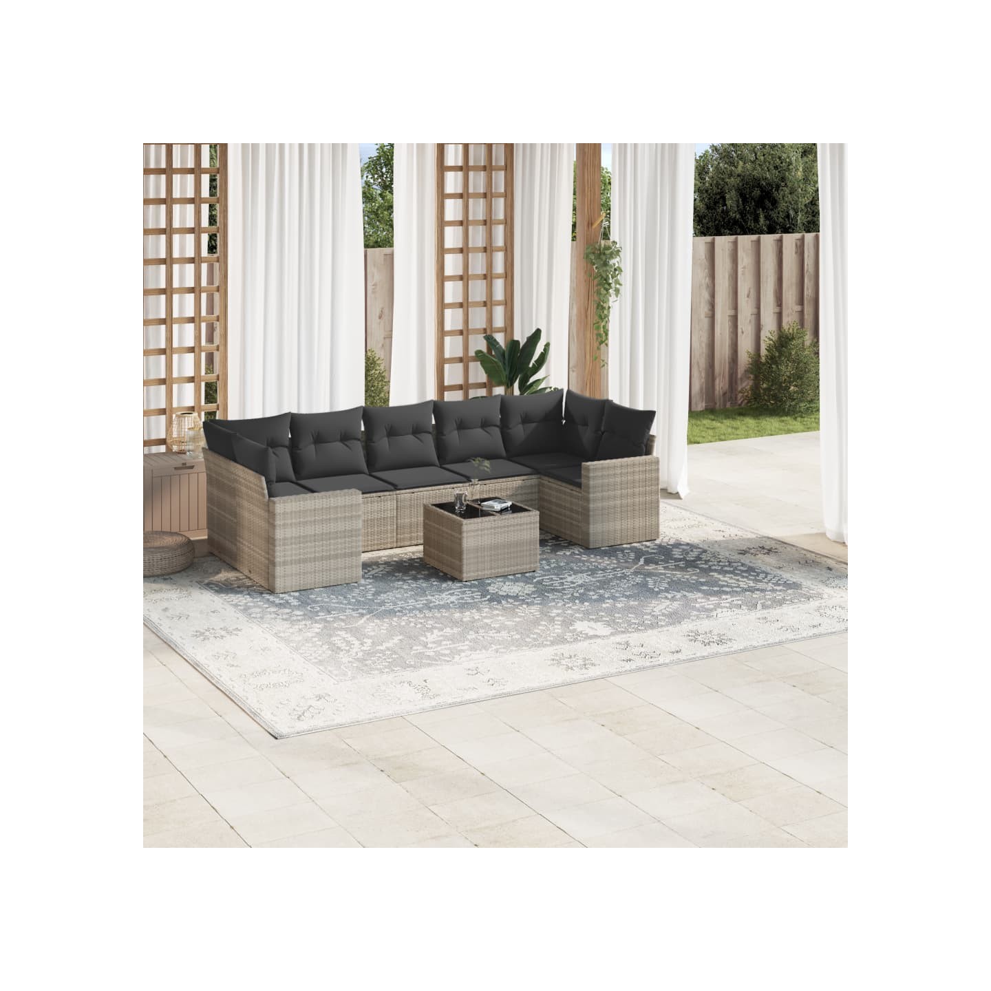 Salon de jardin 8 pcs avec coussins gris clair résine tressée