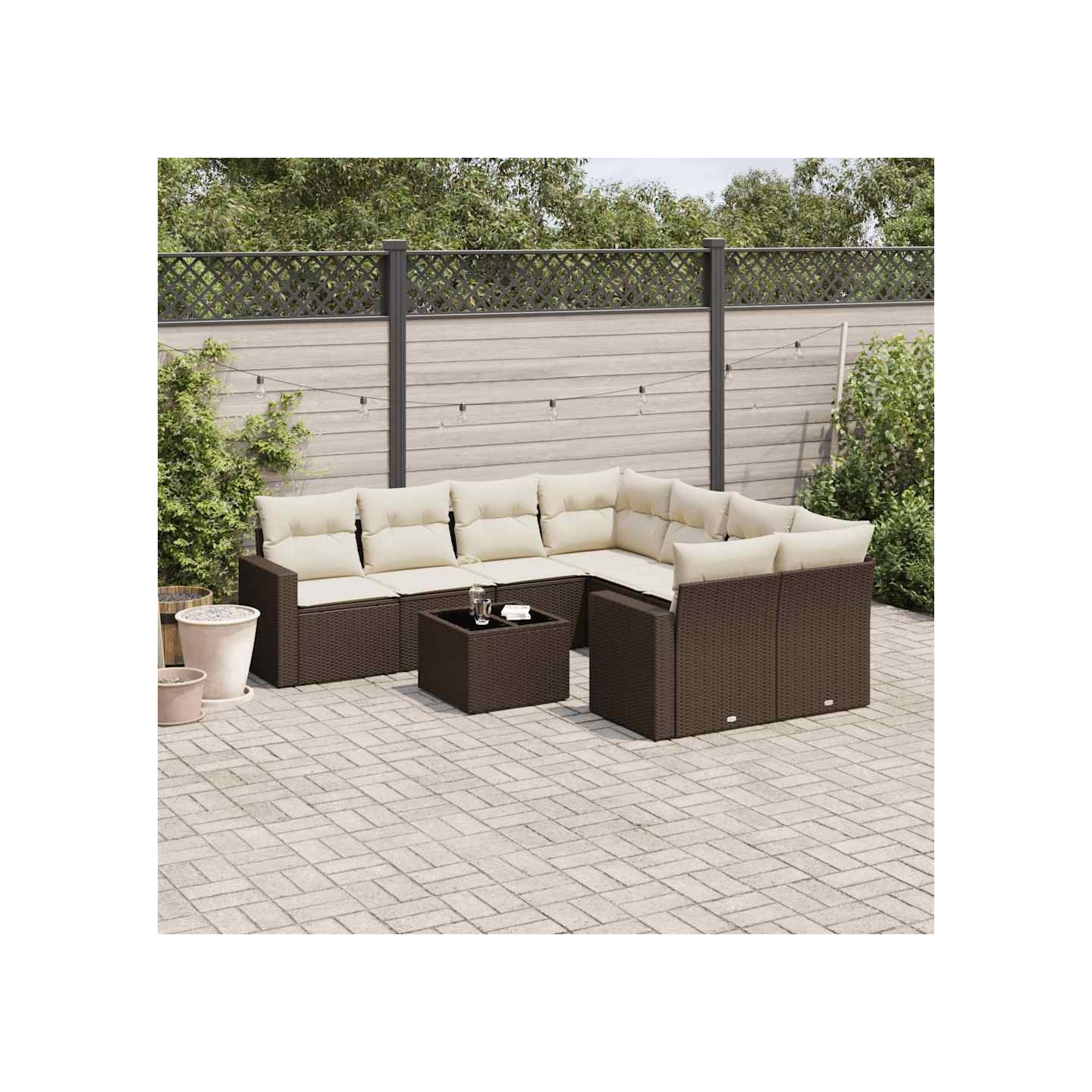 Salon de jardin avec coussins 9 pcs marron résine tressée