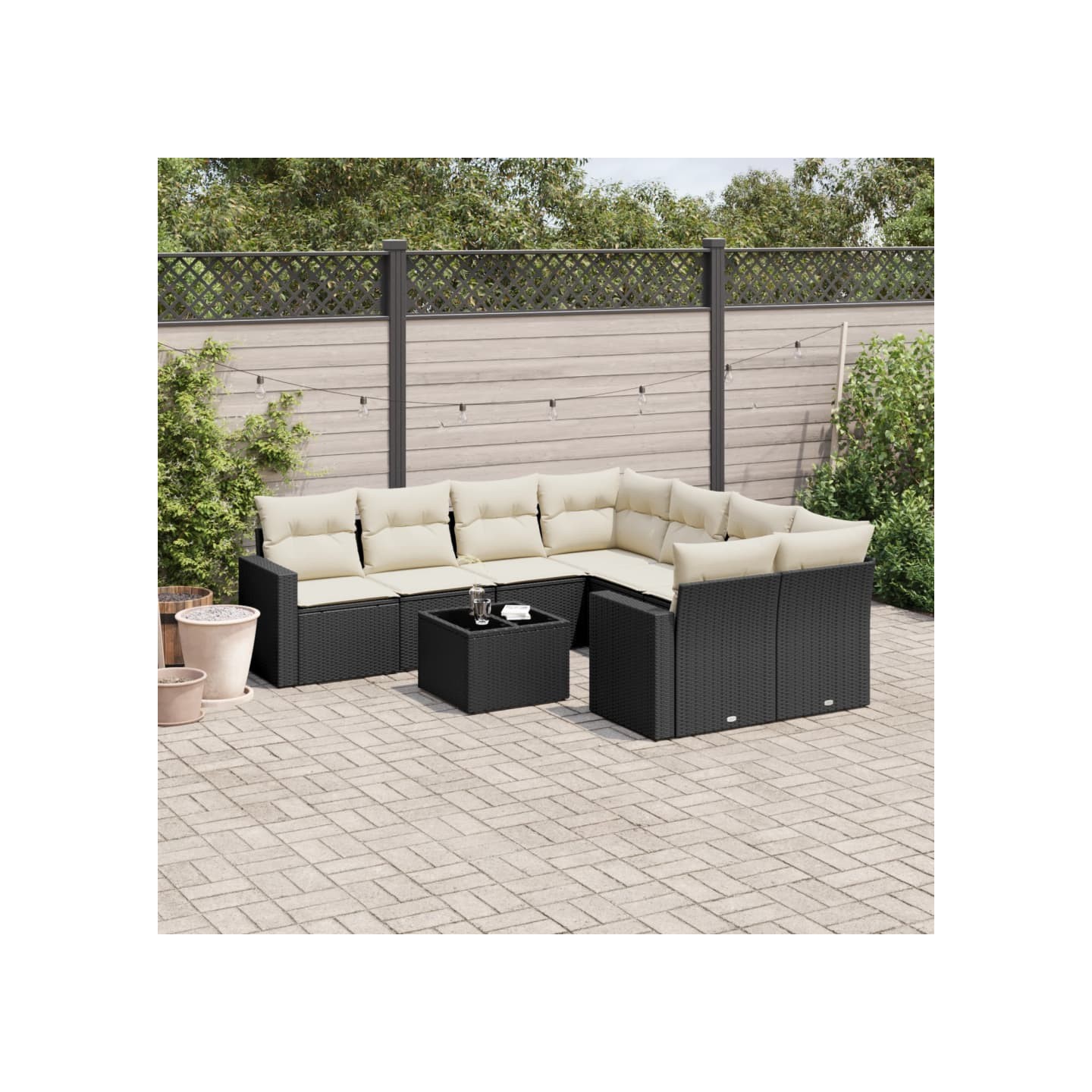 Salon de jardin 9 pcs avec coussins noir résine tressée