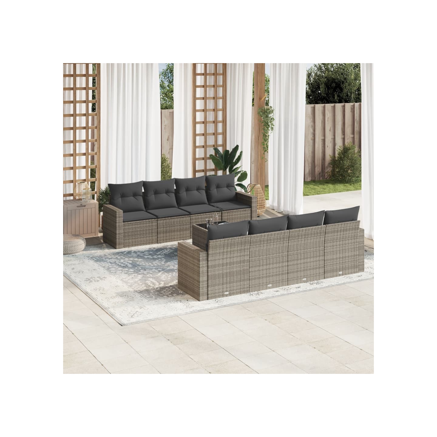 Salon de jardin 9 pcs avec coussins gris résine tressée