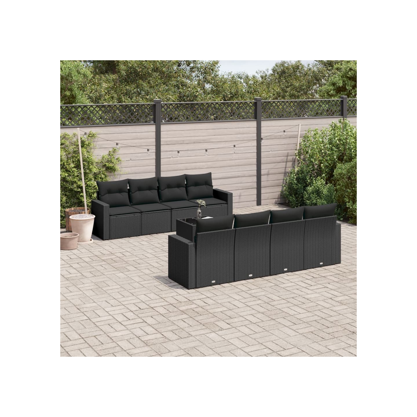 Salon de jardin 9 pcs avec coussins noir résine tressée