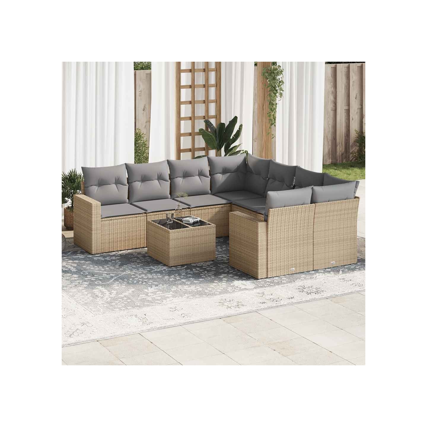 Salon de jardin avec coussins 9 pcs beige résine tressée