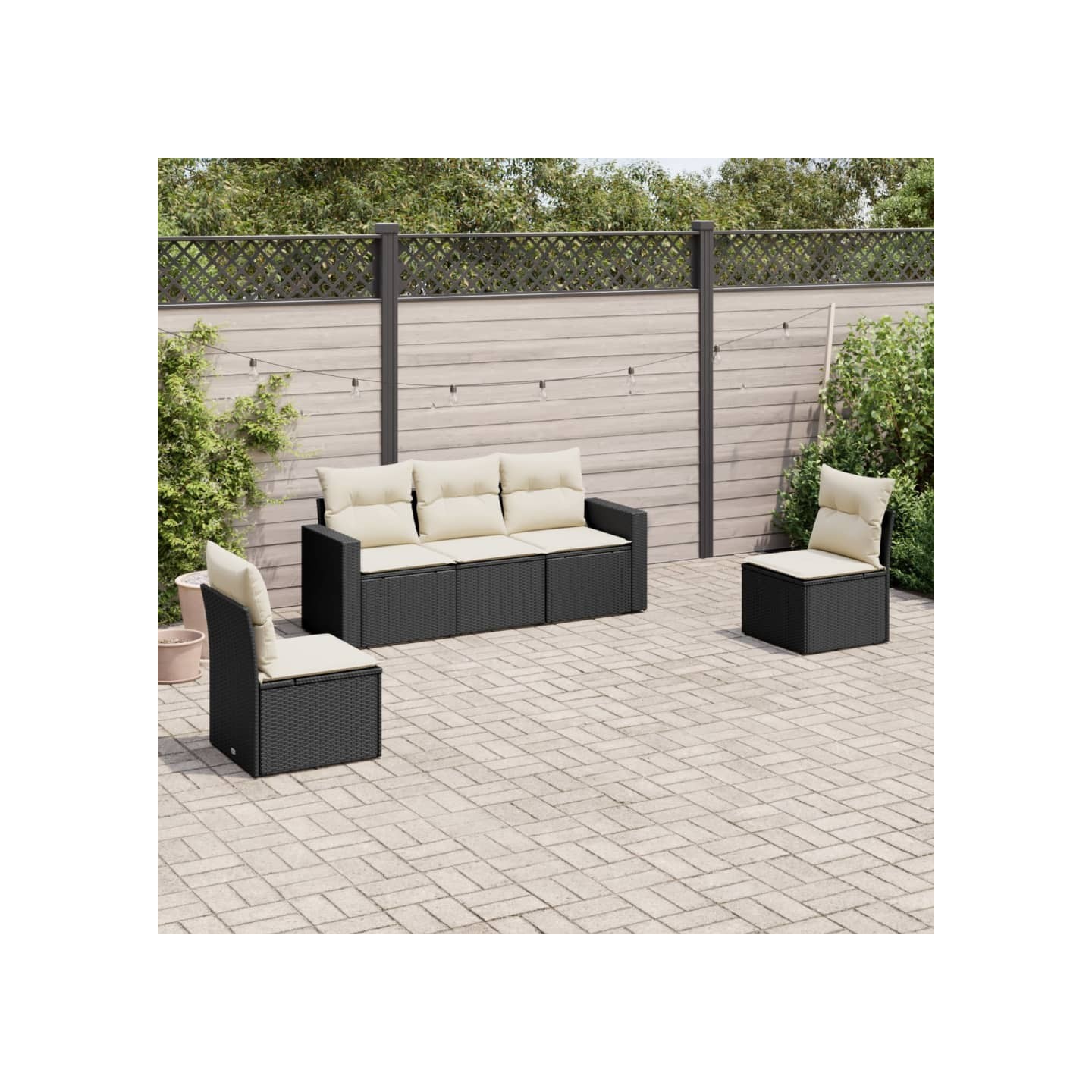 Salon de jardin 5 pcs avec coussins noir résine tressée