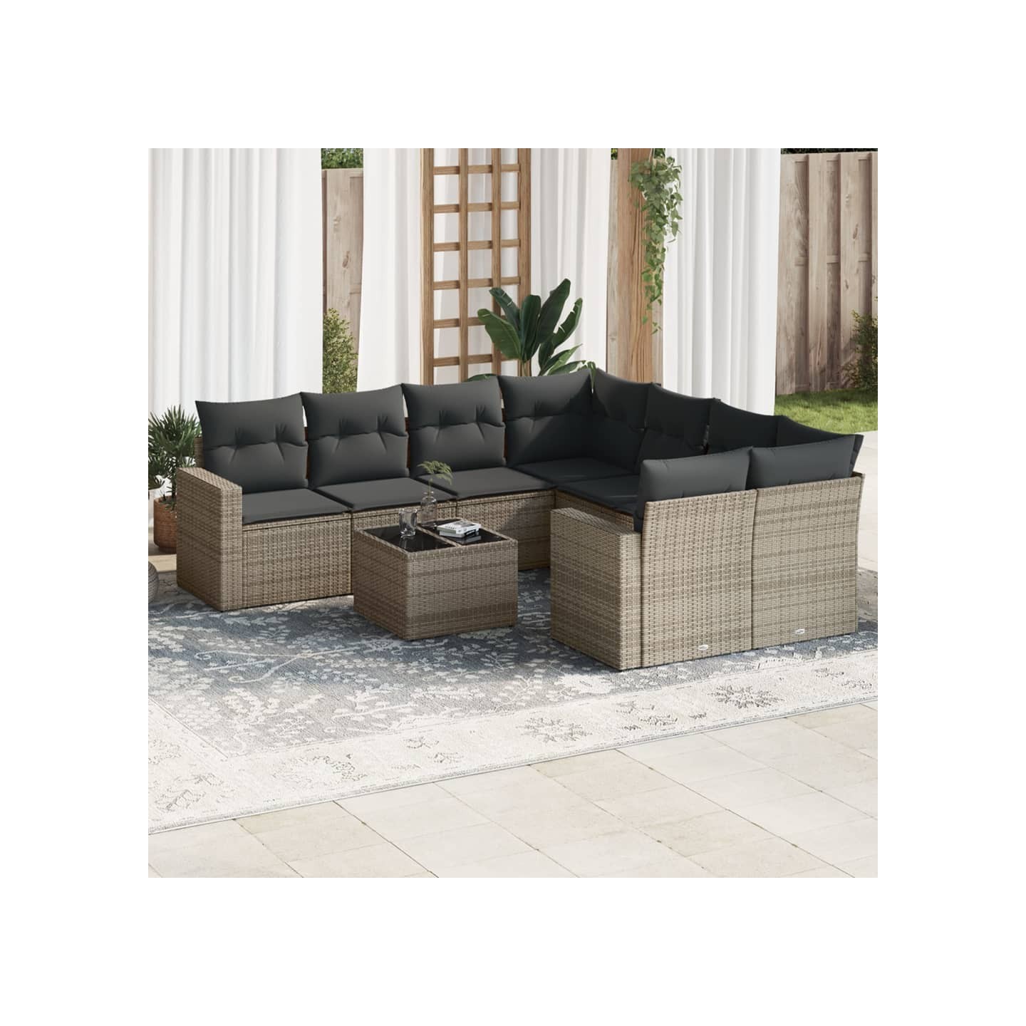 Salon de jardin 9 pcs avec coussins gris résine tressée
