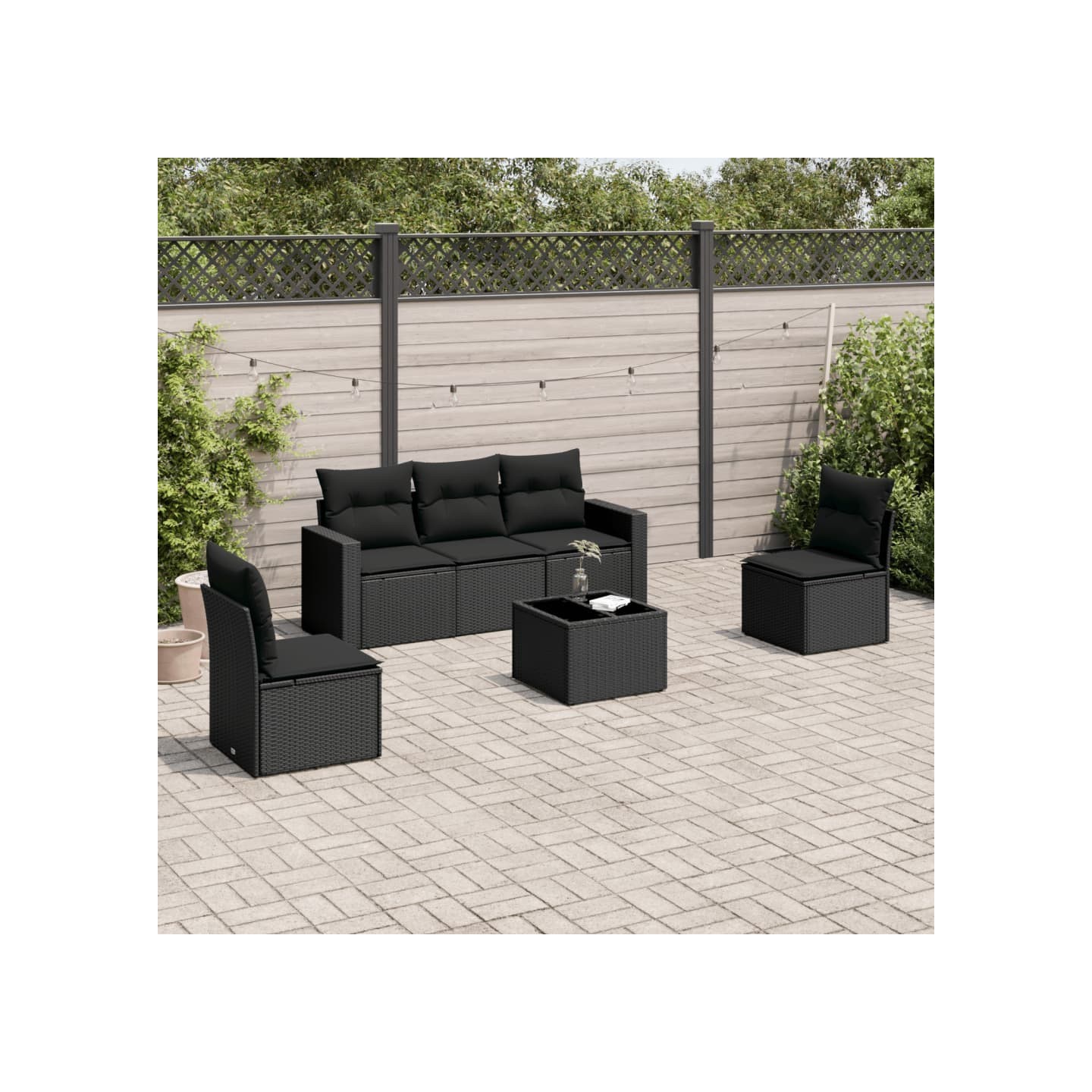 Salon de jardin 6 pcs avec coussins noir résine tressée
