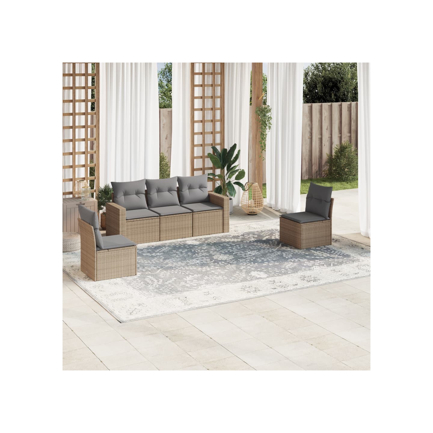 Salon de jardin avec coussins 5 pcs beige résine tressée