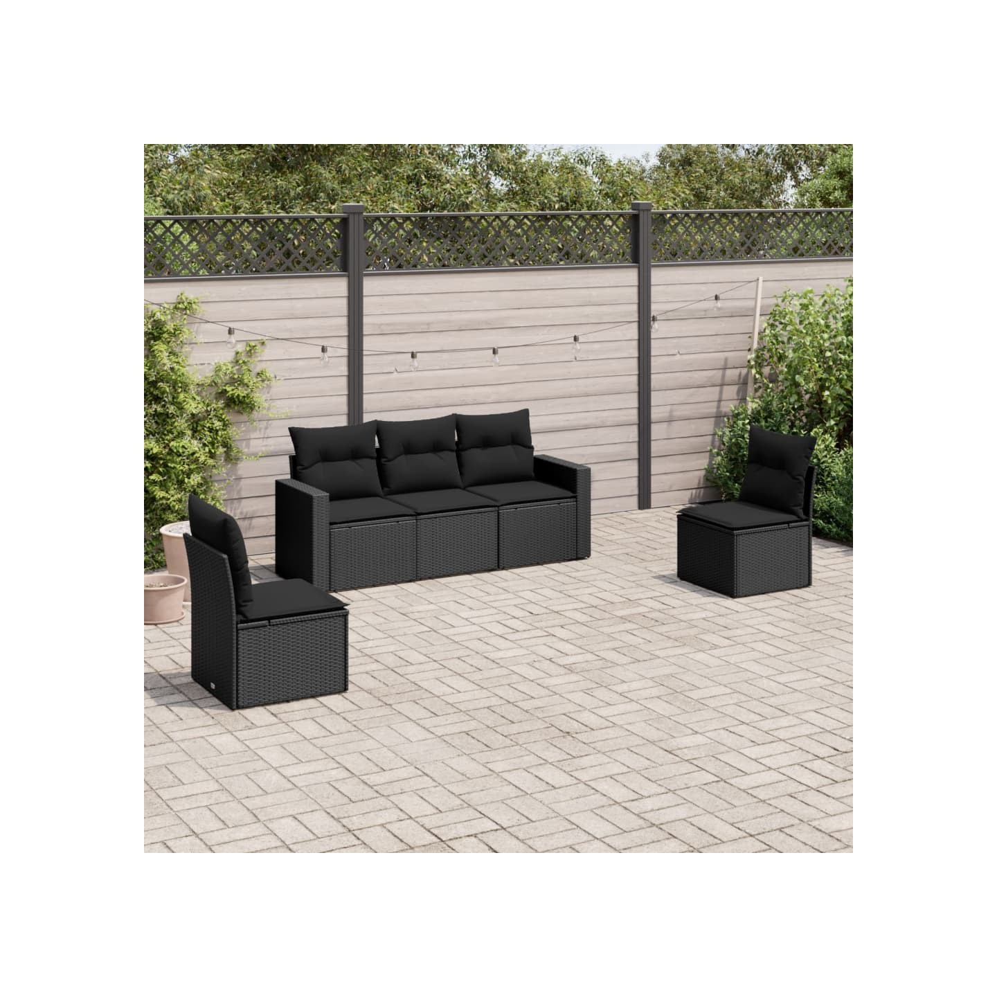 Salon de jardin 5 pcs avec coussins noir résine tressée