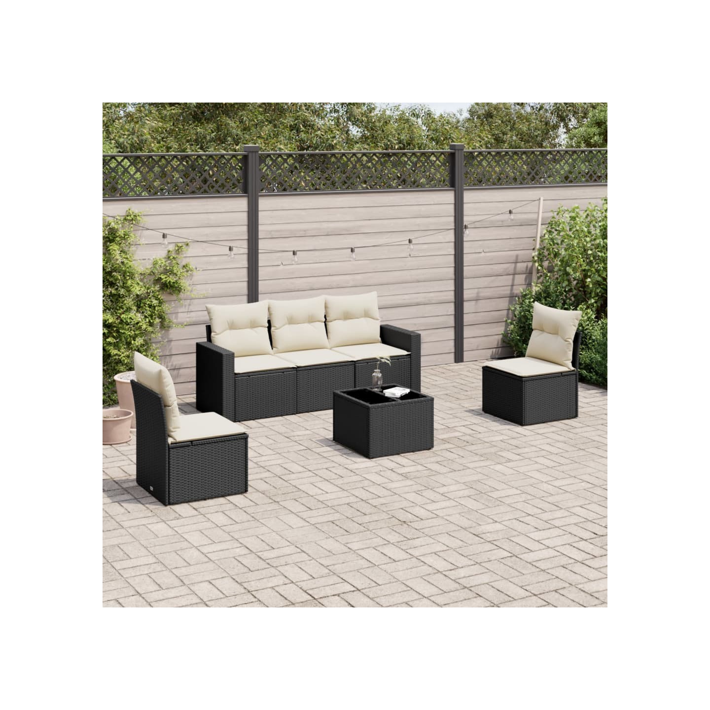 Salon de jardin 6 pcs avec coussins noir résine tressée