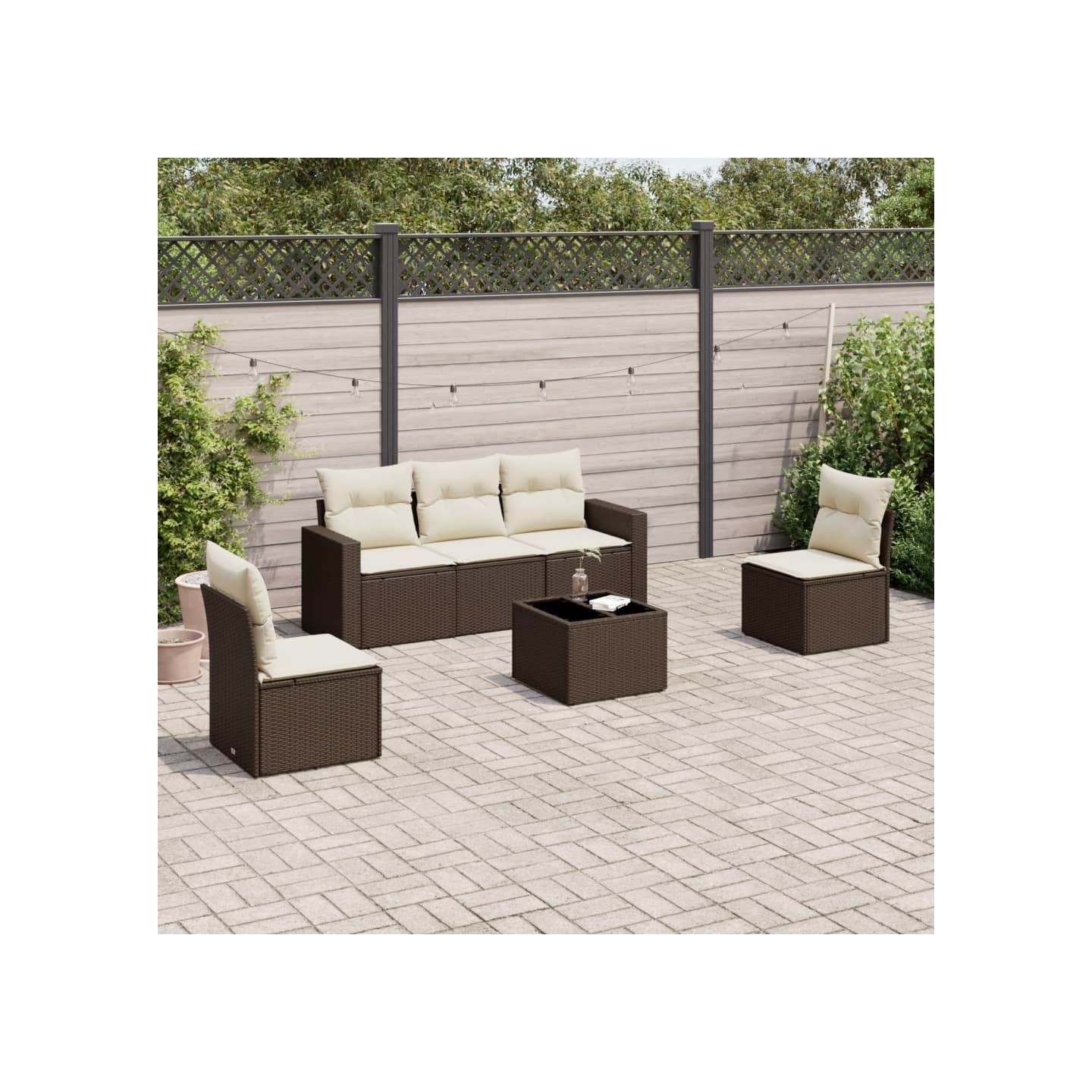 Salon de jardin avec coussins 6 pcs marron résine tressée
