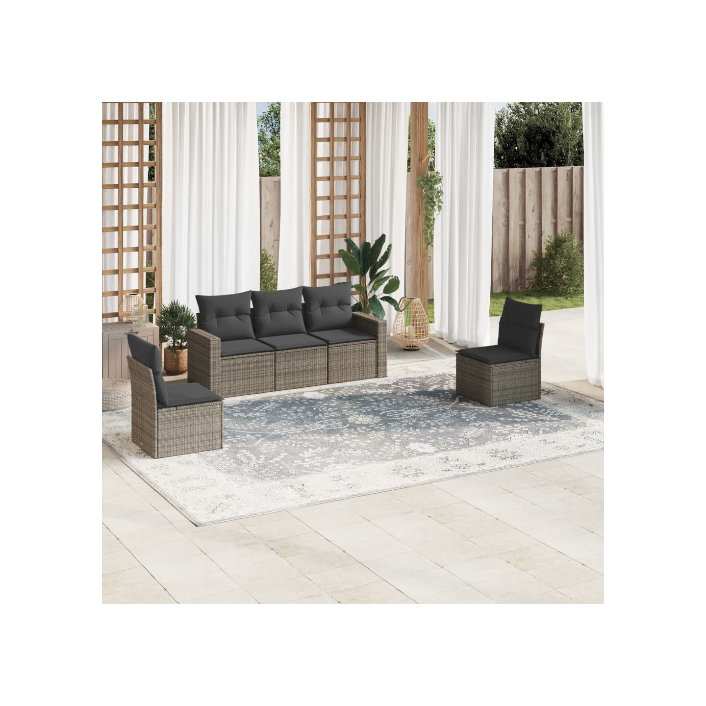 Salon de jardin 5 pcs avec coussins gris résine tressée