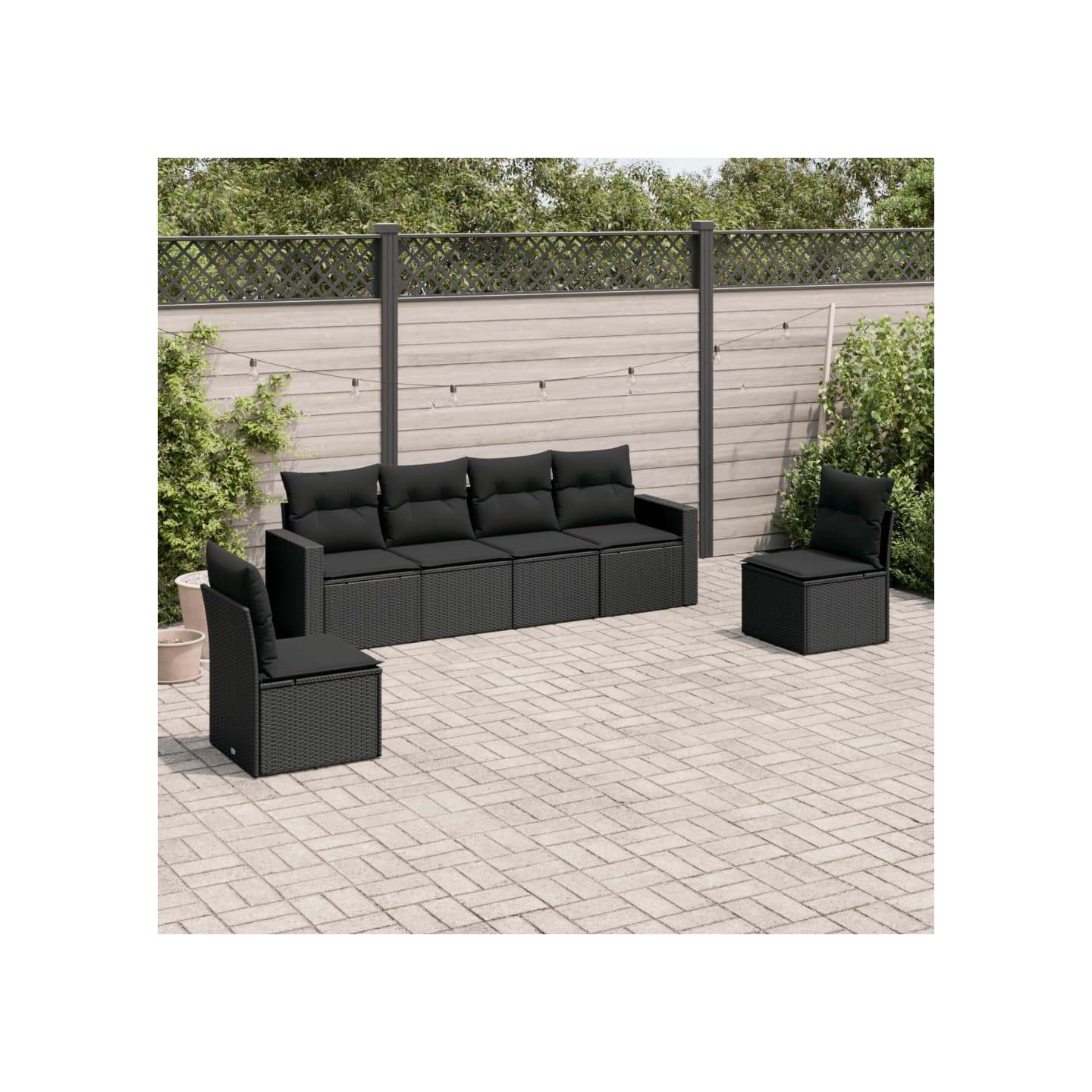 Salon de jardin 6 pcs avec coussins noir résine tressée
