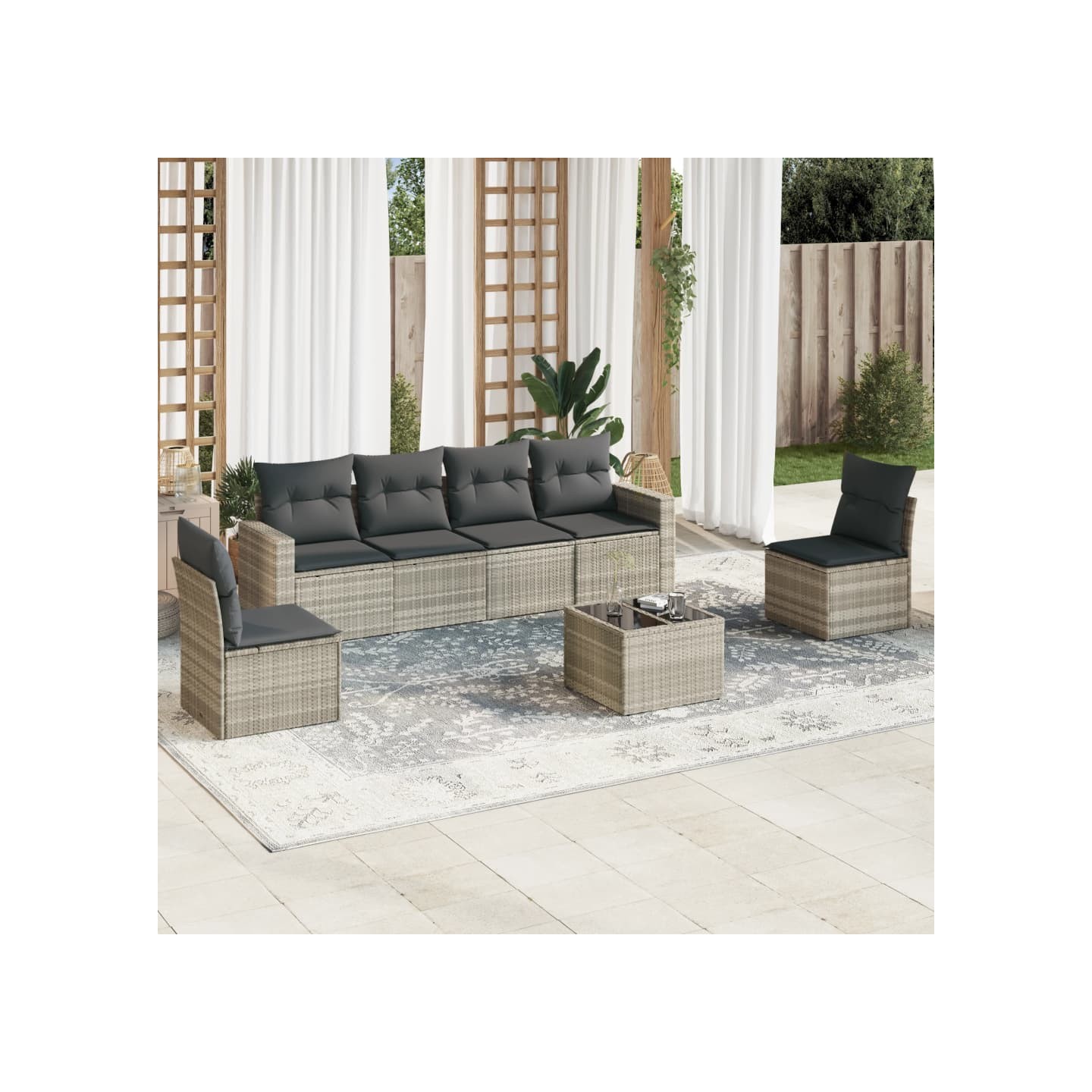 Salon de jardin avec coussins 7 pcs gris clair résine tressée