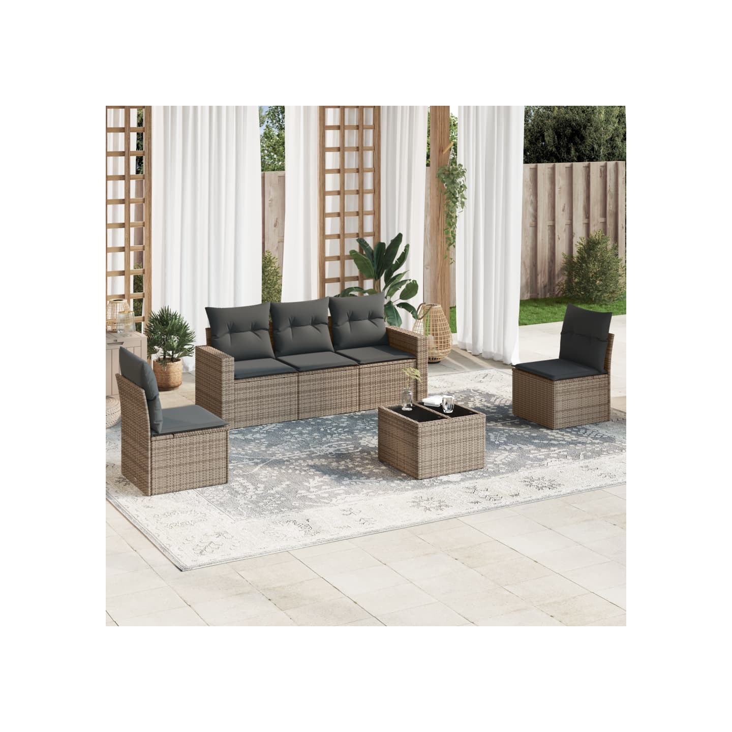 Salon de jardin 6 pcs avec coussins gris résine tressée