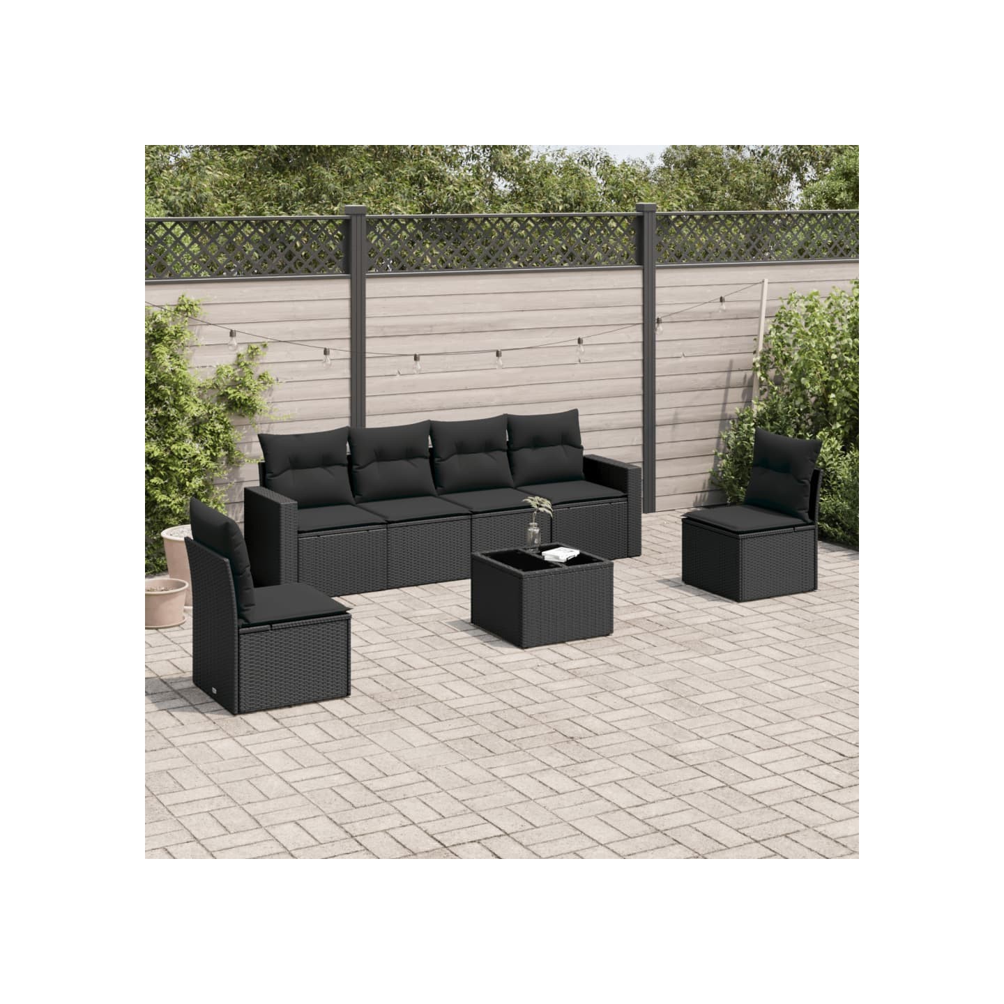 Salon de jardin 7 pcs avec coussins noir résine tressée