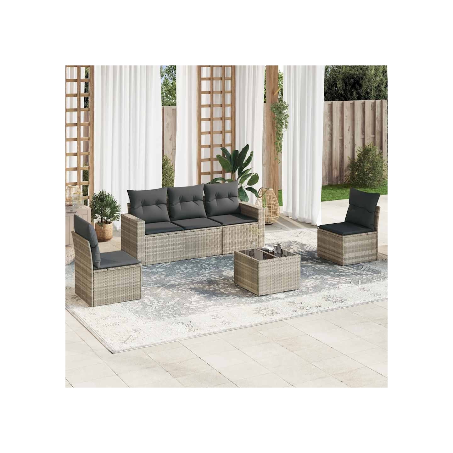 Salon de jardin 6 pcs avec coussins gris clair résine tressée