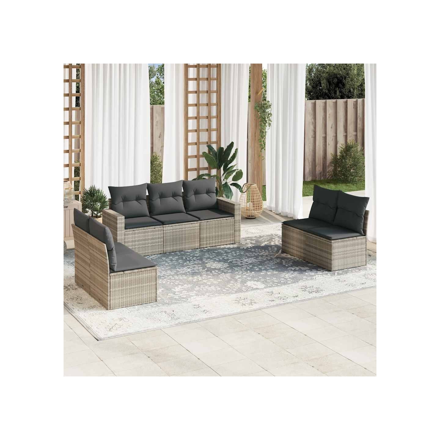 Salon de jardin avec coussins 7 pcs gris clair résine tressée