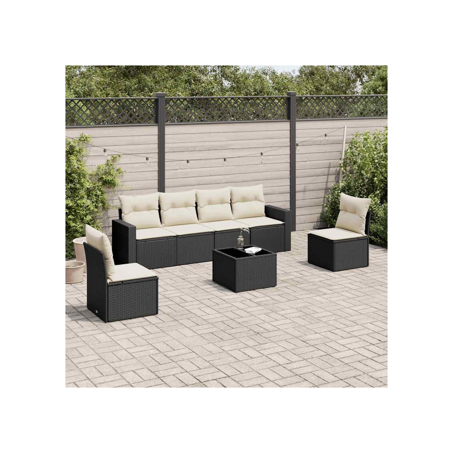 Salon de jardin 7 pcs avec coussins noir résine tressée
