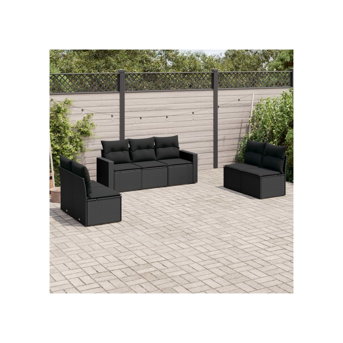 Salon de jardin 7 pcs avec coussins noir résine tressée