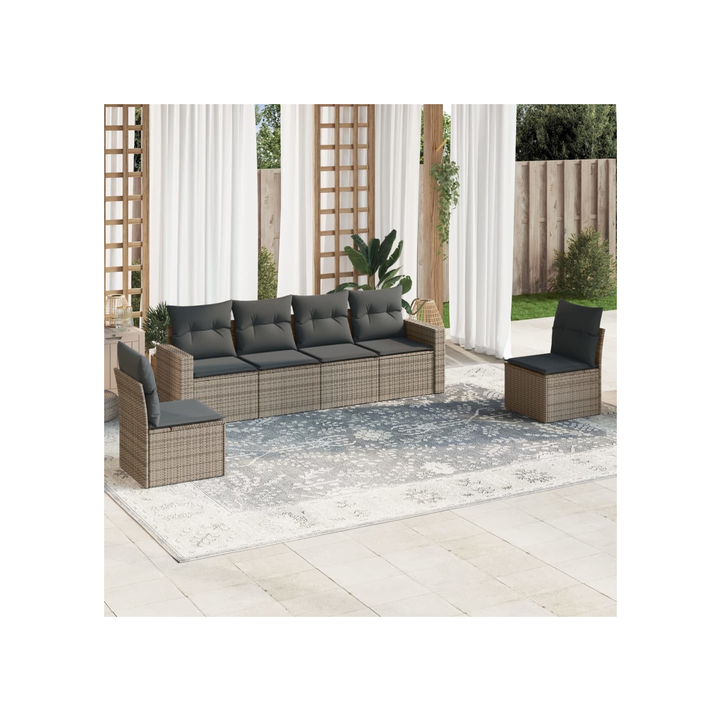 Salon de jardin 6 pcs avec coussins gris résine tressée
