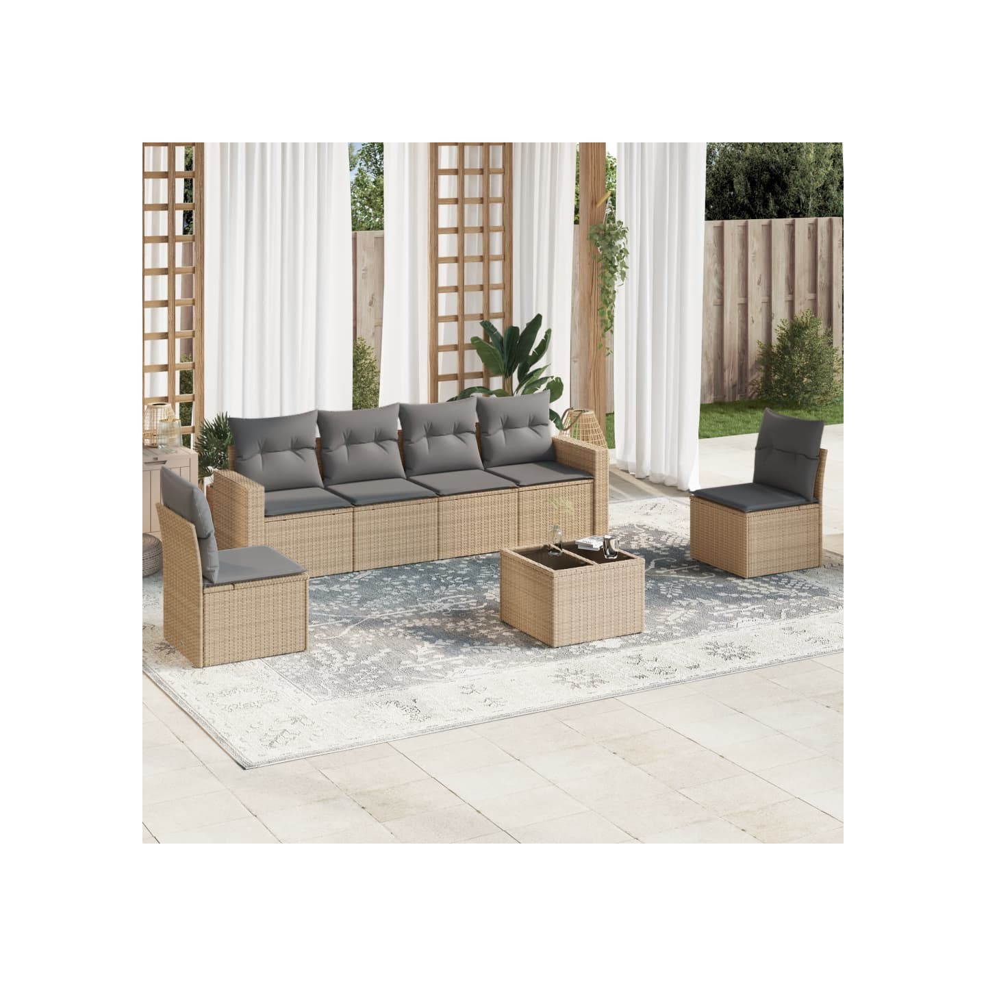 Salon de jardin avec coussins 7 pcs beige résine tressée