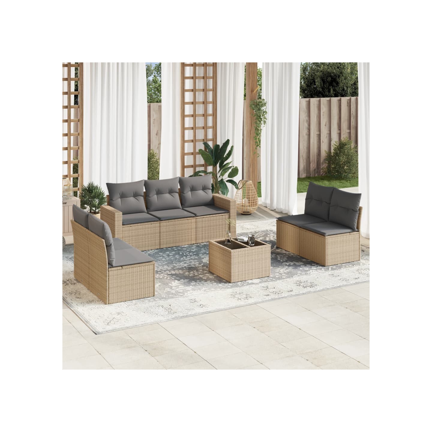 Salon de jardin avec coussins 8 pcs beige résine tressée
