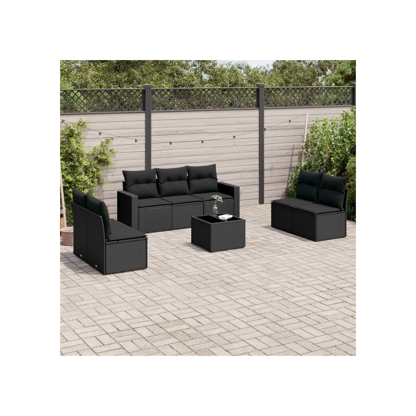 Salon de jardin 8 pcs avec coussins noir résine tressée