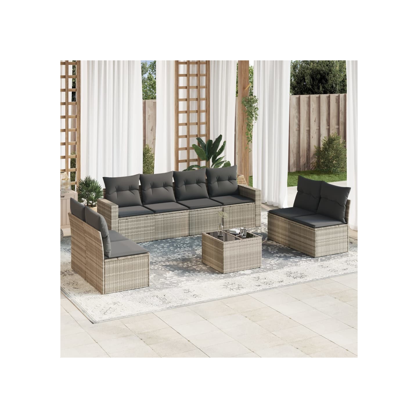 Salon de jardin 9 pcs avec coussins gris clair résine tressée