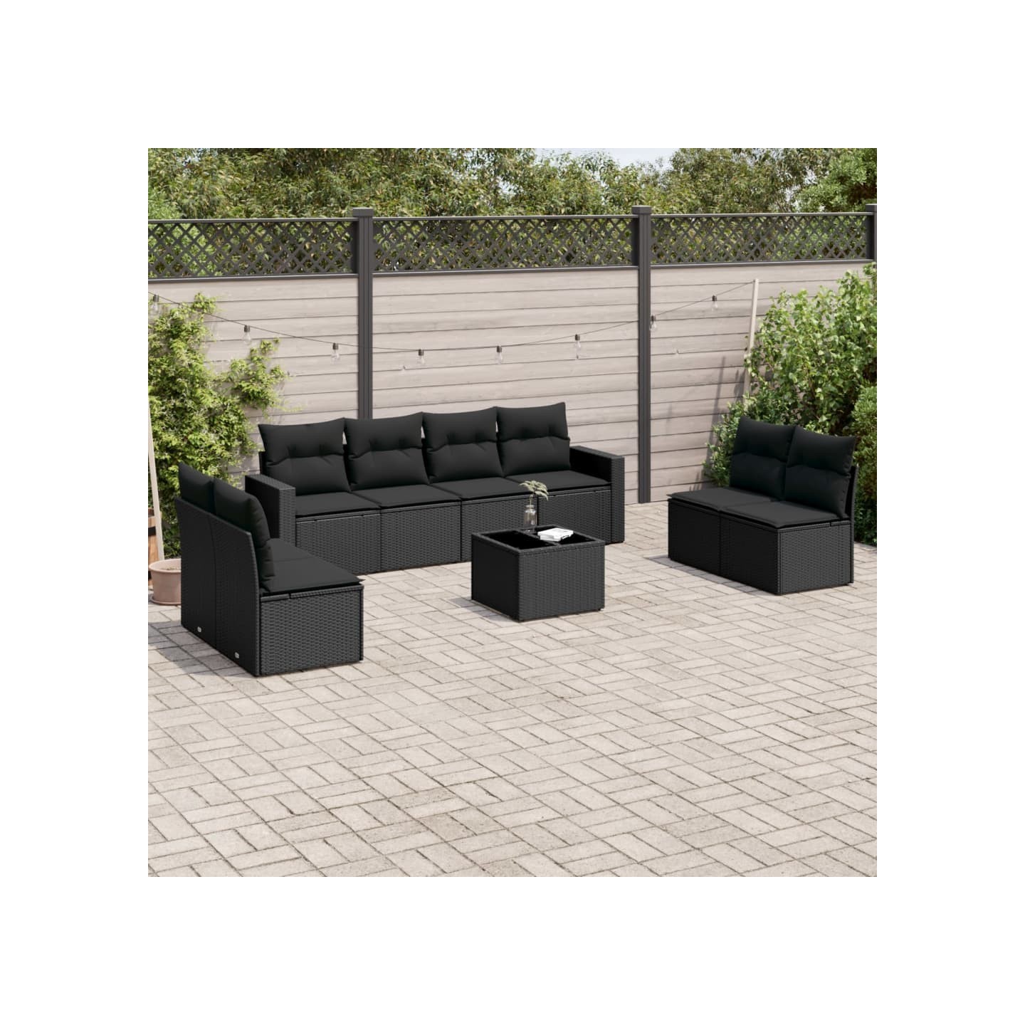 Salon de jardin 9 pcs avec coussins noir résine tressée