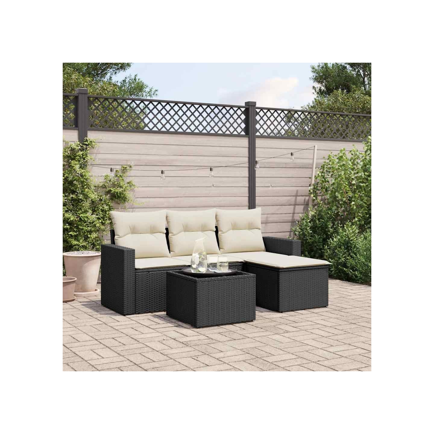Salon de jardin 5 pcs avec coussins noir résine tressée
