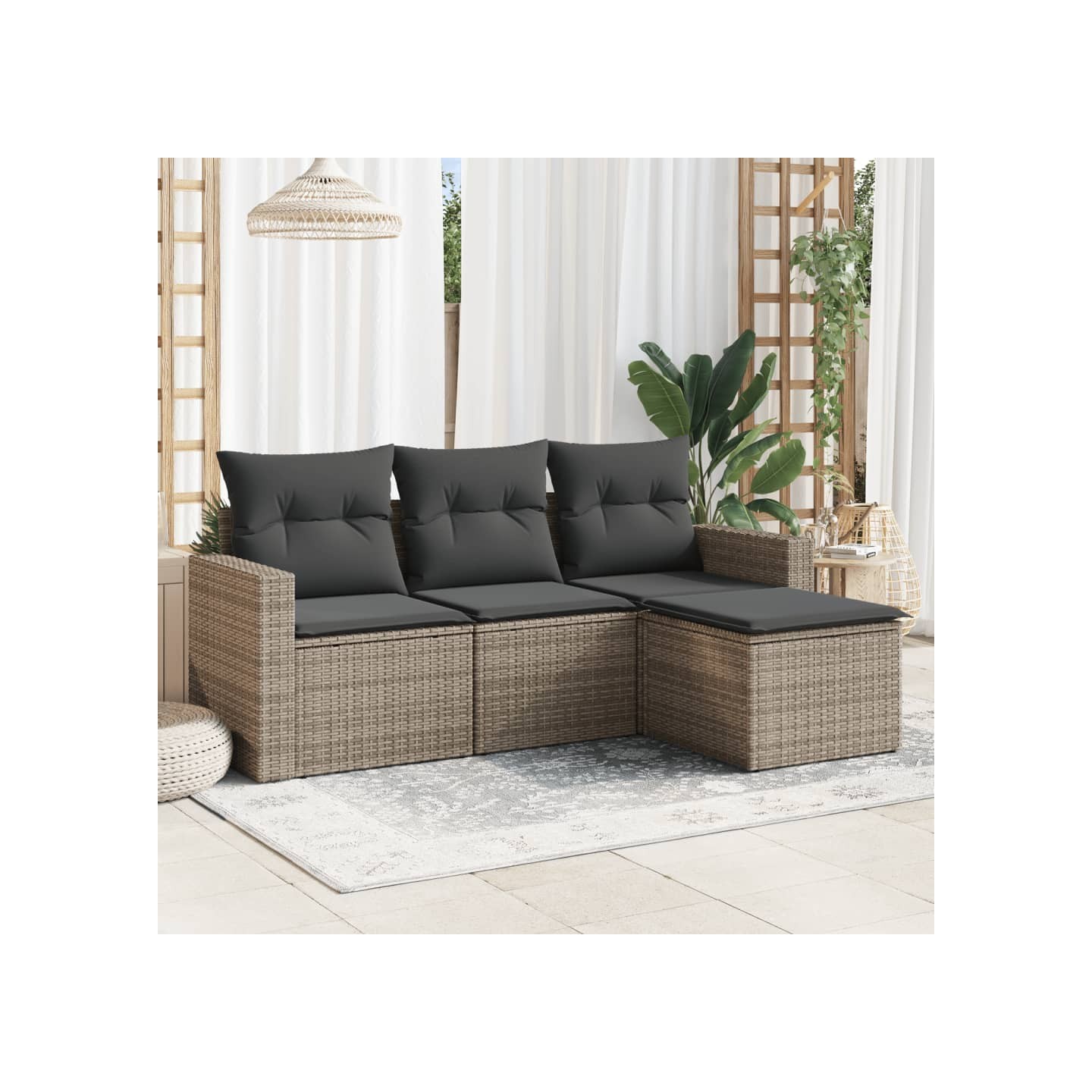 Salon de jardin 4 pcs avec coussins gris résine tressée