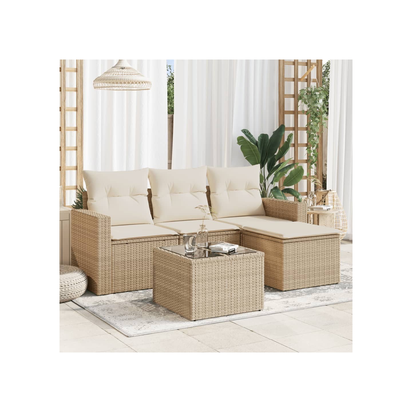 Salon de jardin avec coussins 5 pcs beige résine tressée