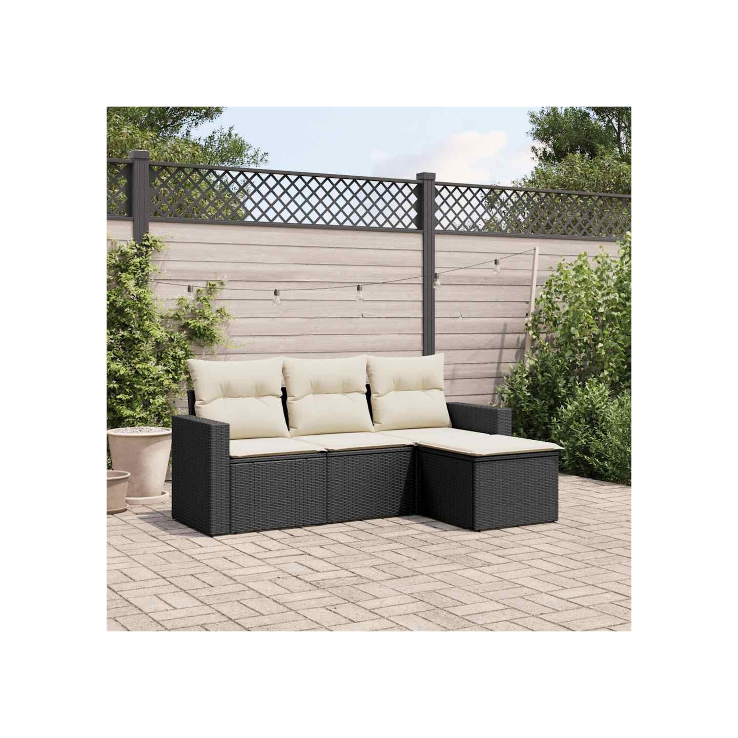 Salon de jardin 4 pcs avec coussins noir résine tressée
