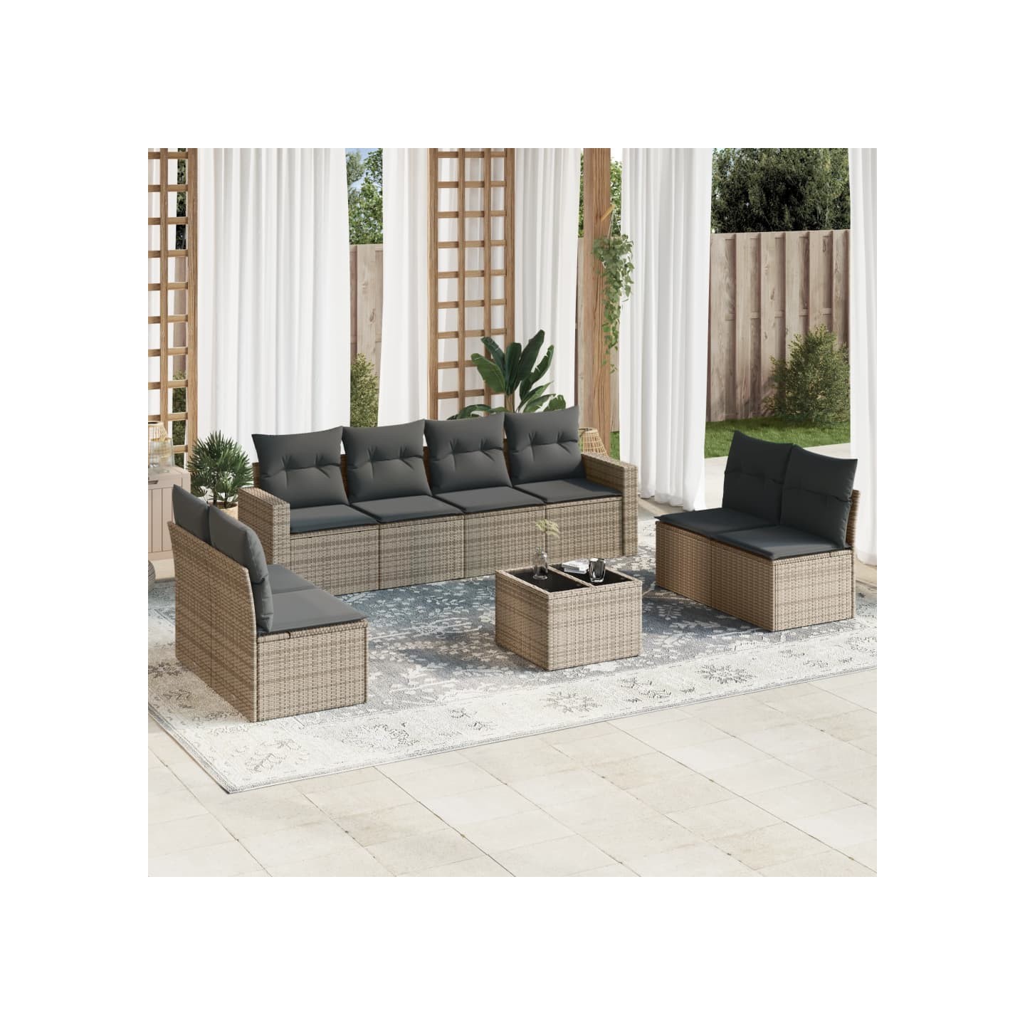 Salon de jardin avec coussins 9 pcs beige résine tressée