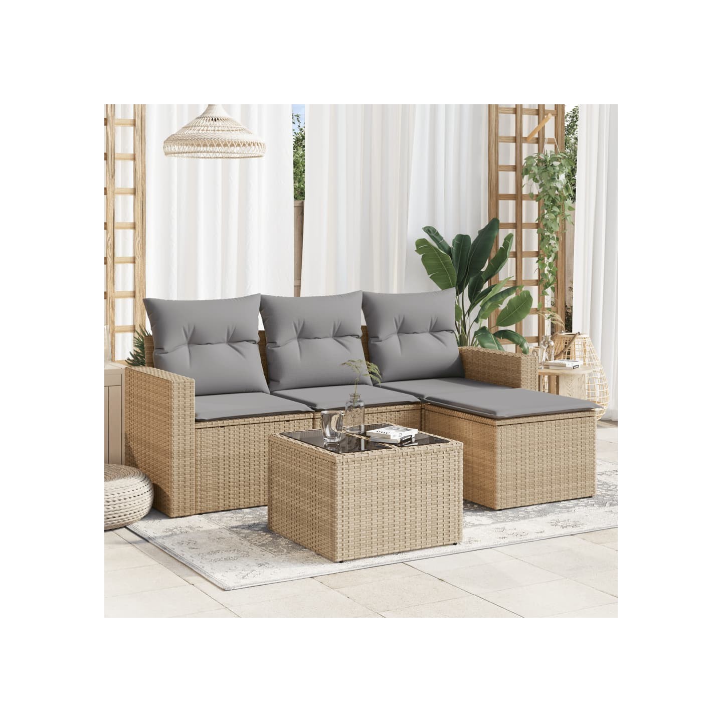 Salon de jardin avec coussins 5 pcs beige résine tressée