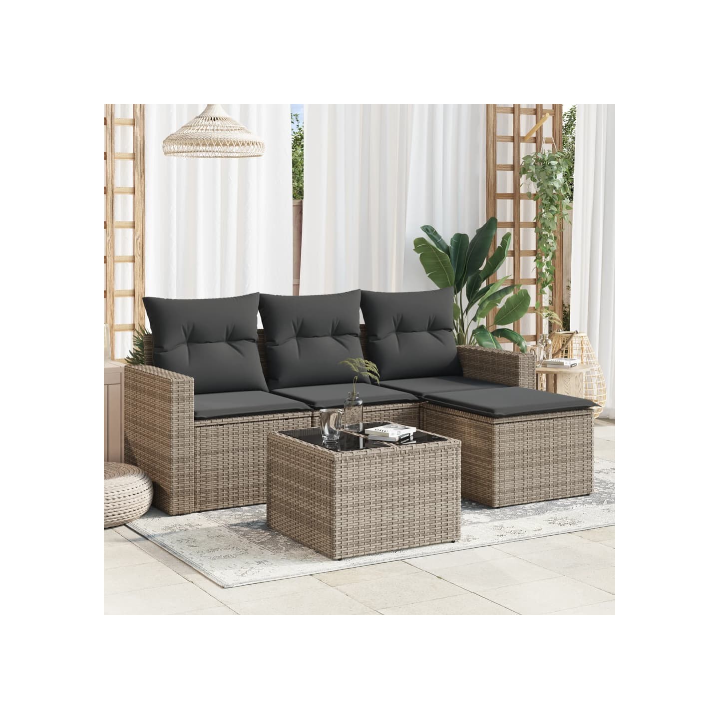 Salon de jardin 5 pcs avec coussins gris résine tressée