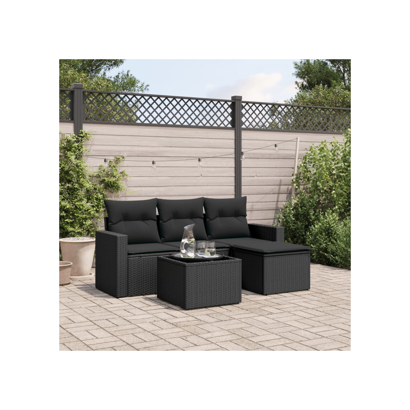 Salon de jardin 5 pcs avec coussins noir résine tressée