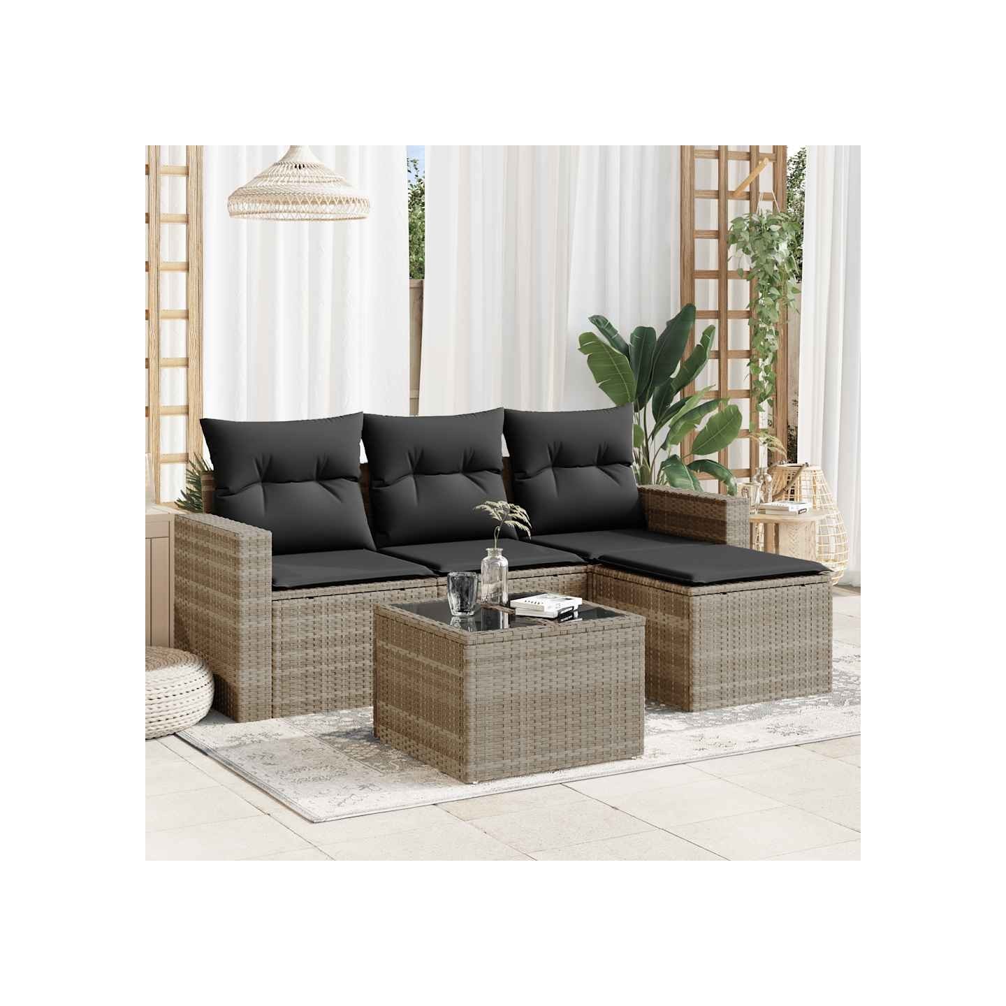 Salon de jardin 5 pcs avec coussins gris clair résine tressée