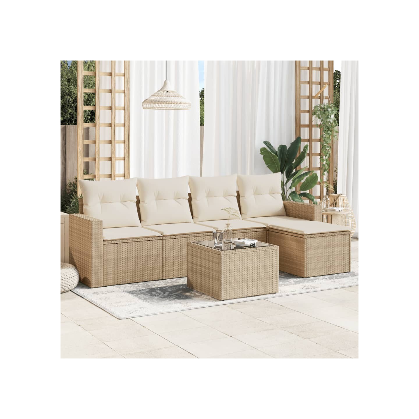 Salon de jardin avec coussins 6 pcs beige résine tressée