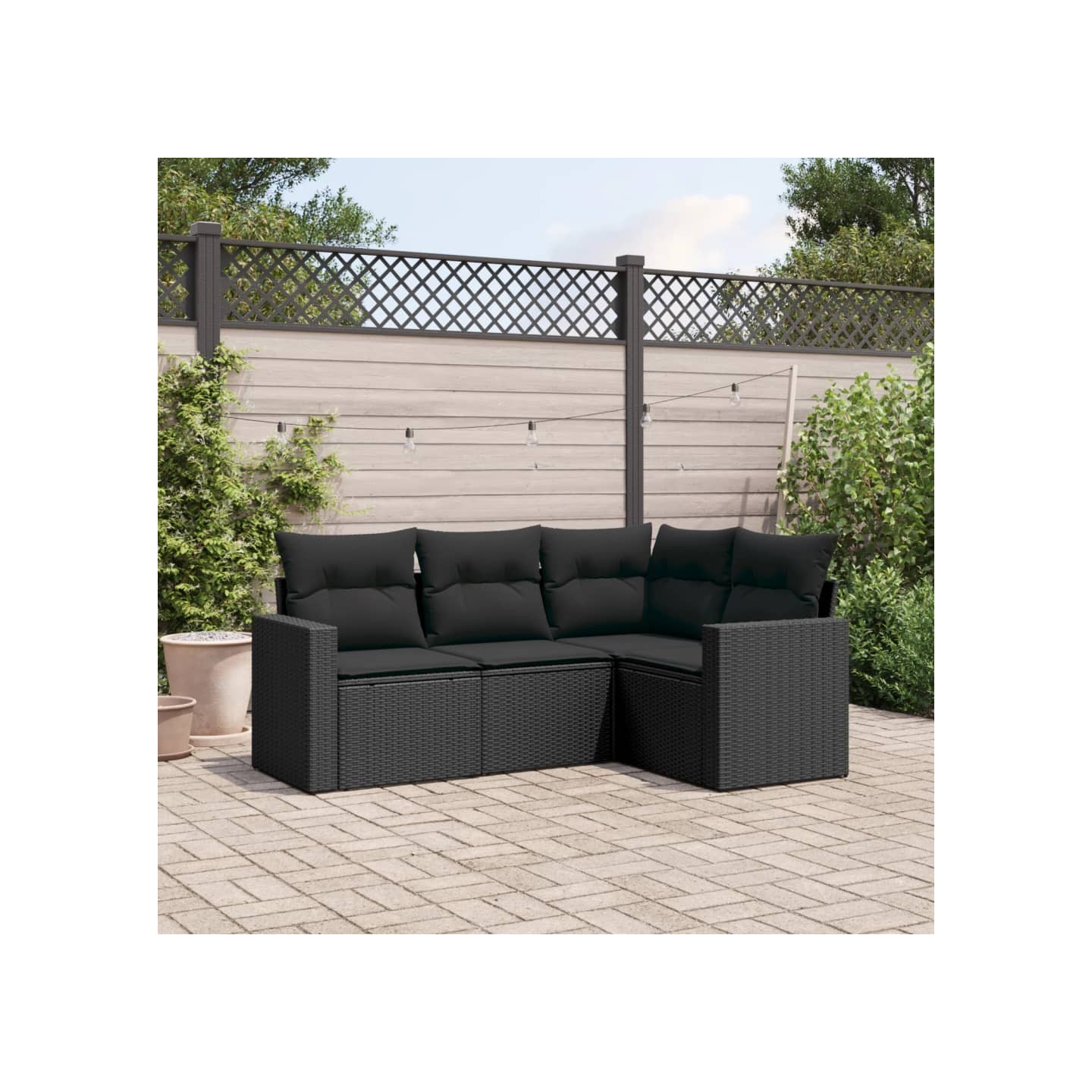 Salon de jardin 4 pcs avec coussins noir résine tressée