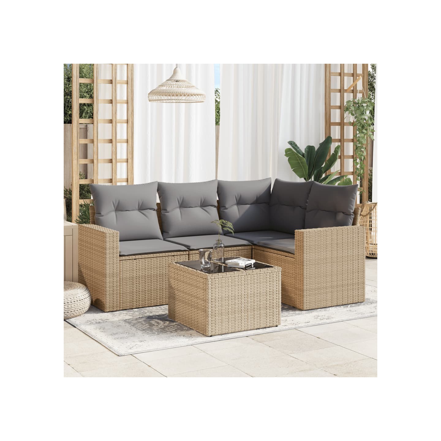 Salon de jardin avec coussins 5 pcs beige résine tressée