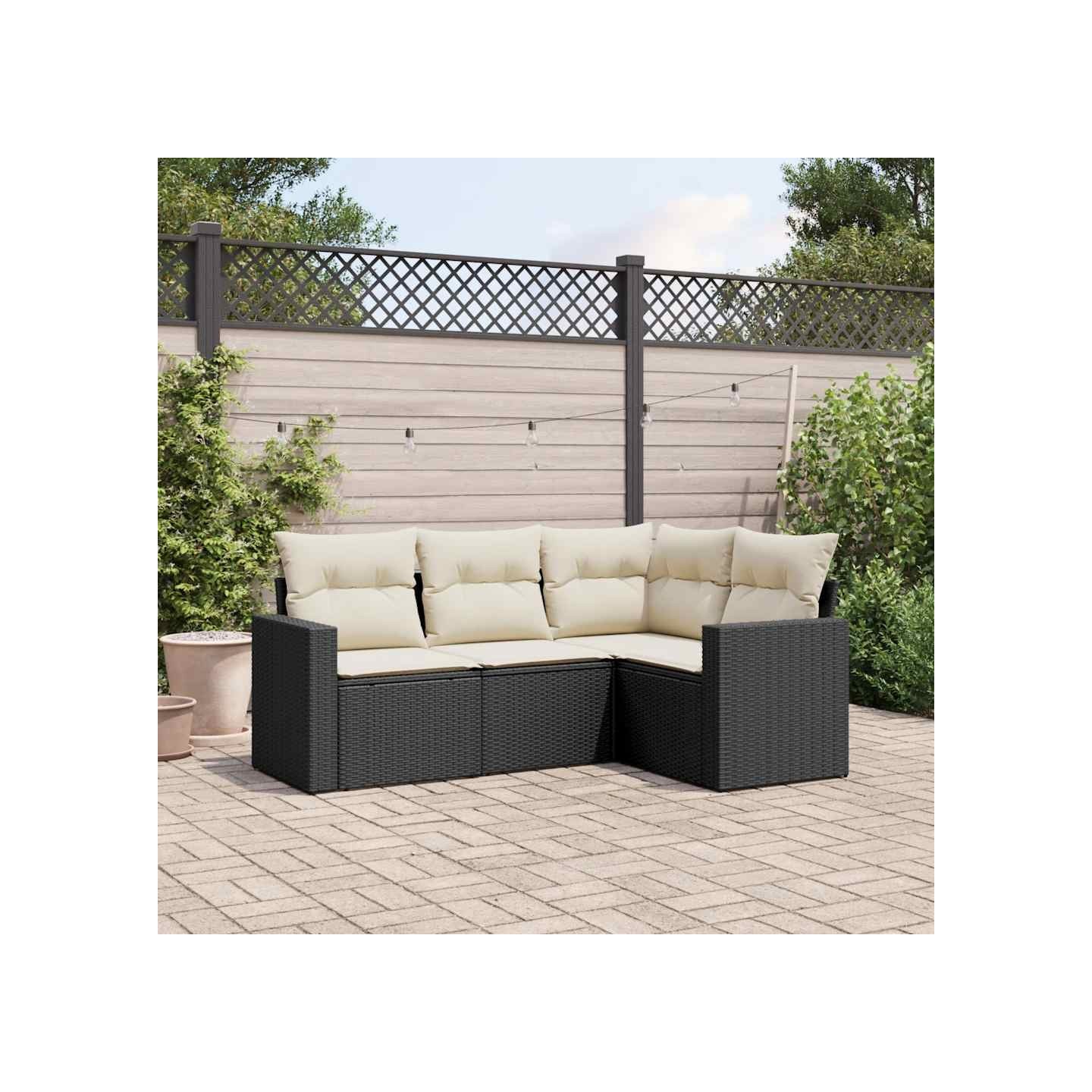 Salon de jardin 4 pcs avec coussins noir résine tressée
