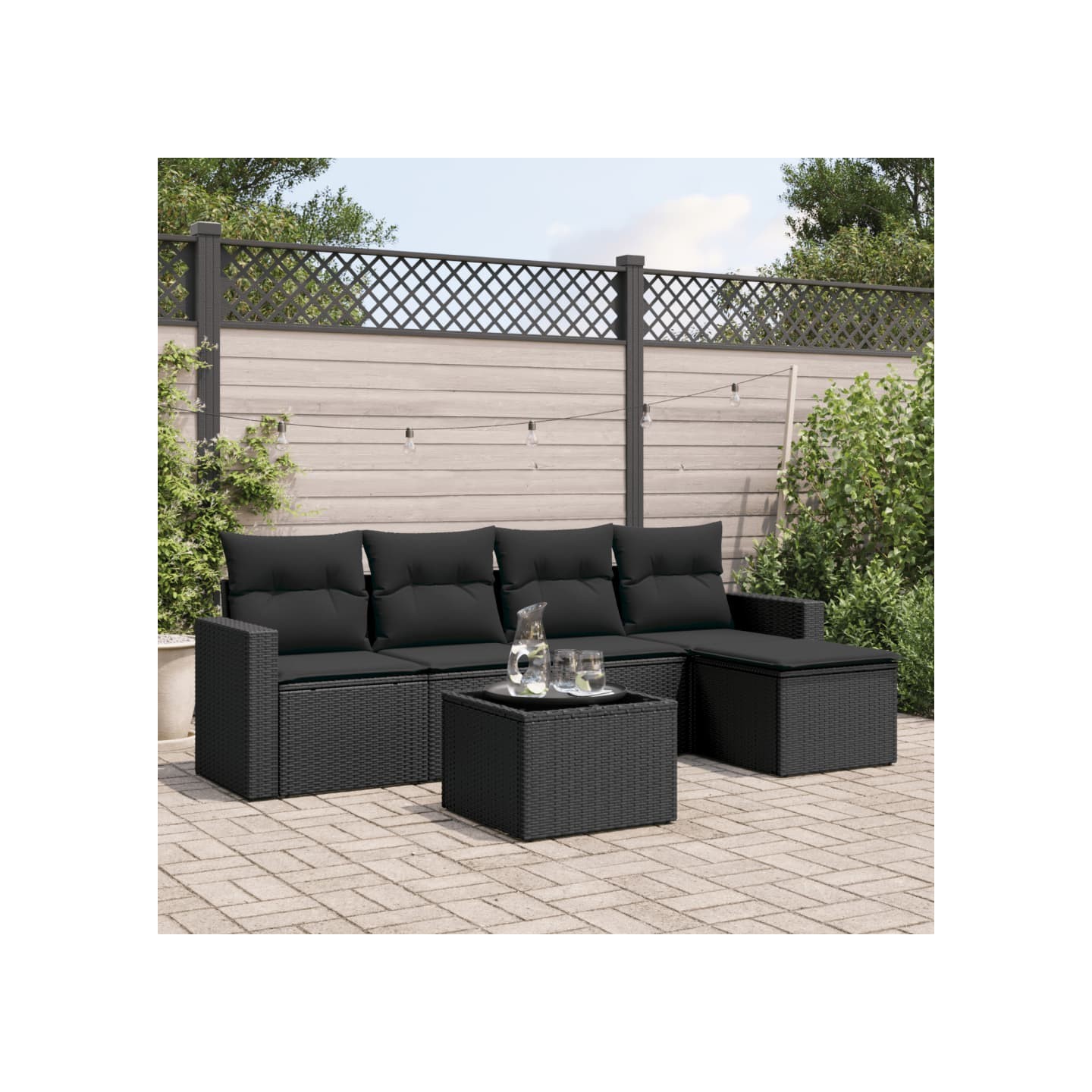 Salon de jardin 6 pcs avec coussins noir résine tressée