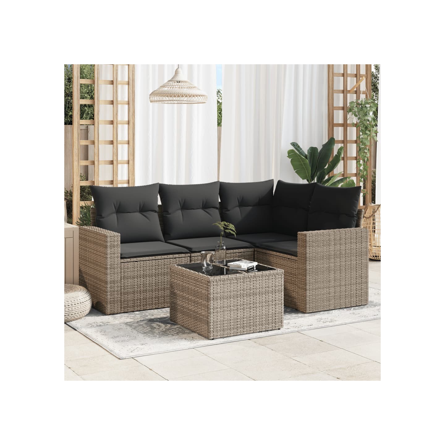 Salon de jardin 5 pcs avec coussins gris résine tressée