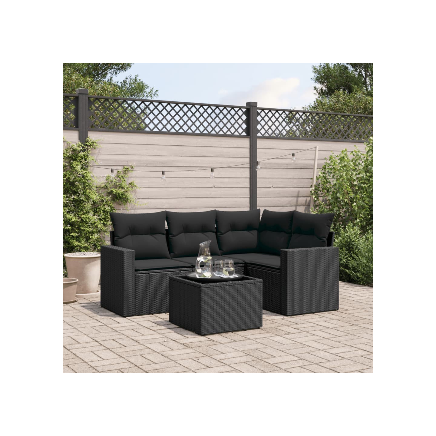 Salon de jardin 5 pcs avec coussins noir résine tressée
