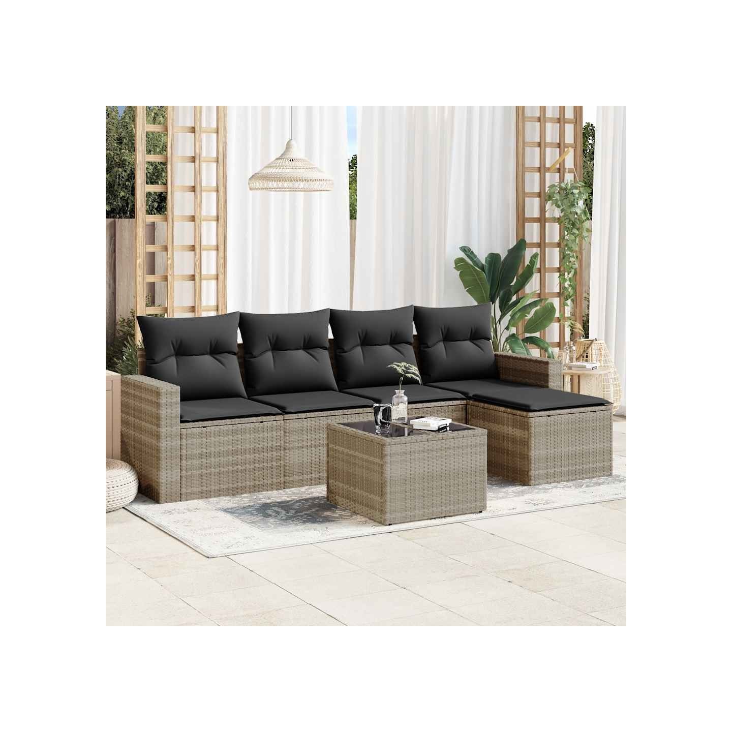 Salon de jardin 6 pcs avec coussins gris clair résine tressée