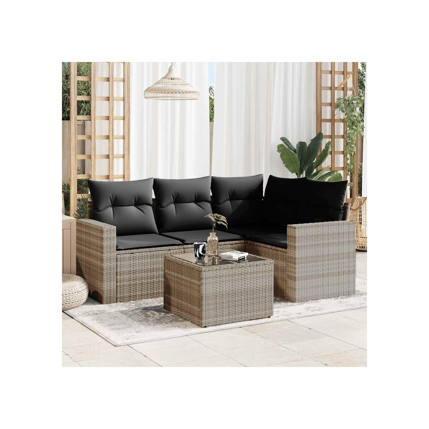 Salon de jardin 5 pcs avec coussins gris clair résine tressée