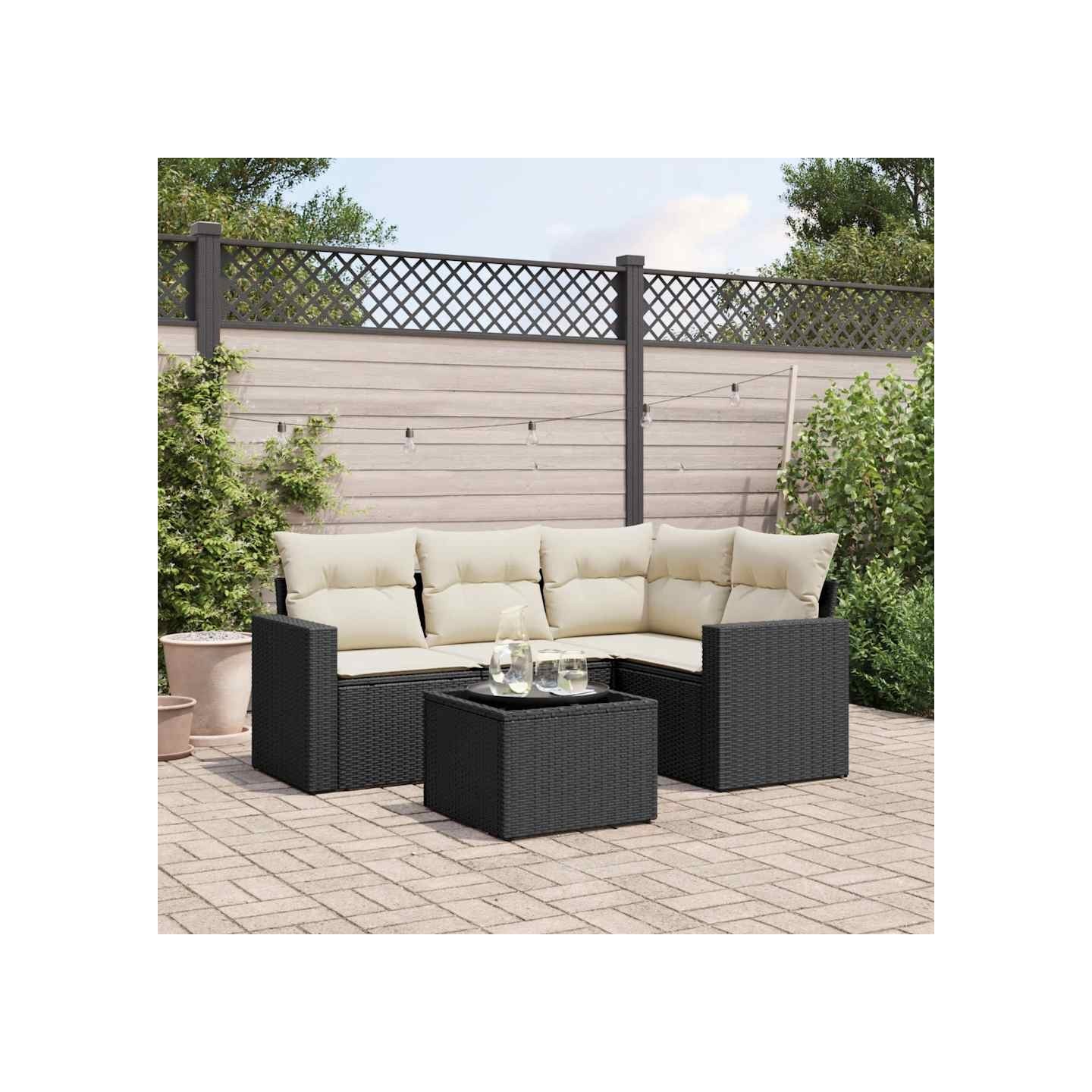 Salon de jardin 5 pcs avec coussins noir résine tressée