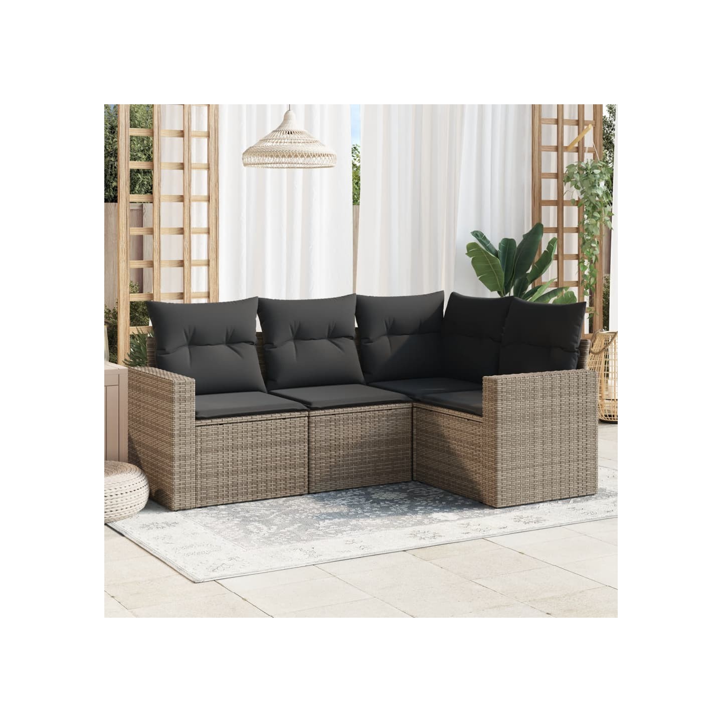 Salon de jardin 4 pcs avec coussins gris résine tressée