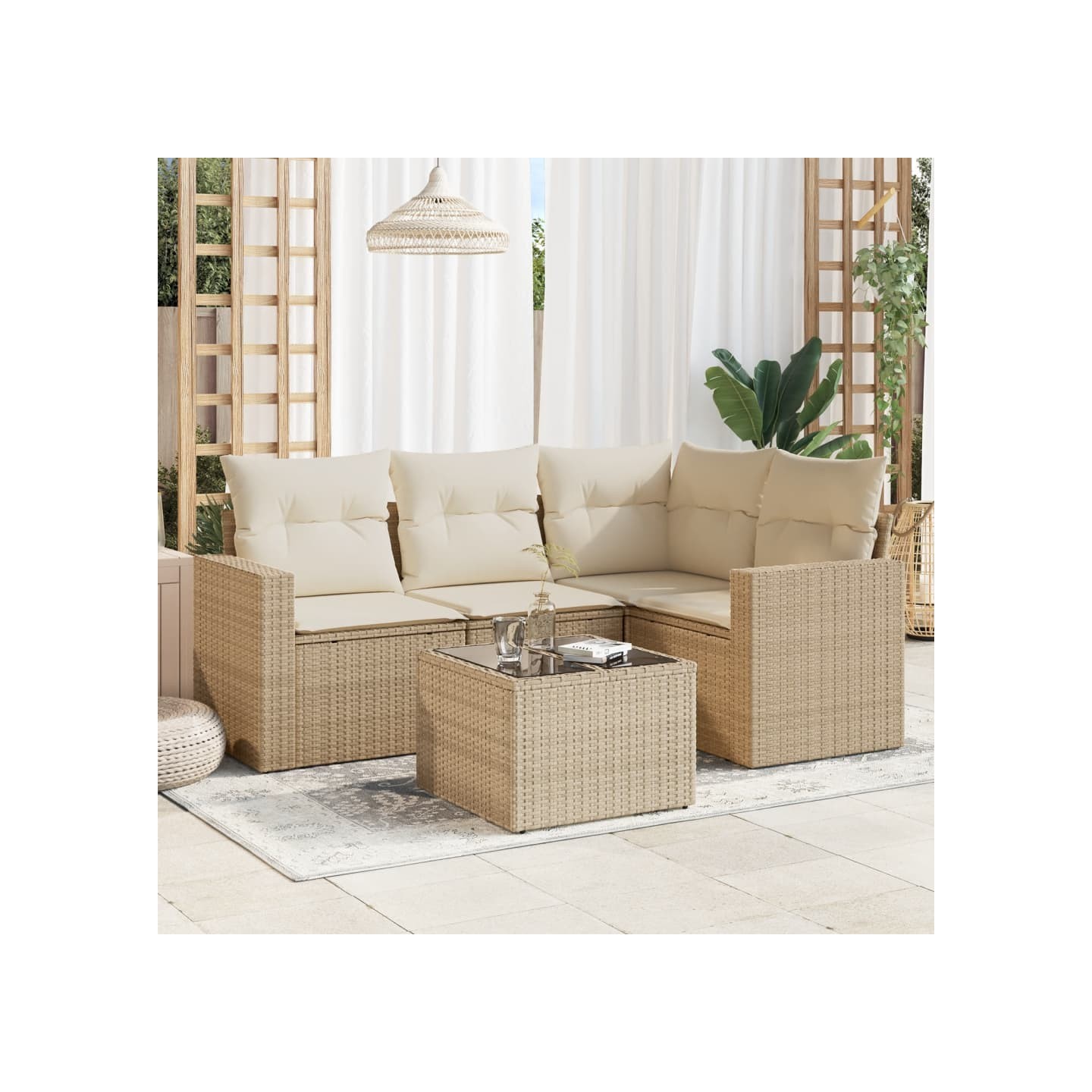 Salon de jardin avec coussins 5 pcs beige résine tressée